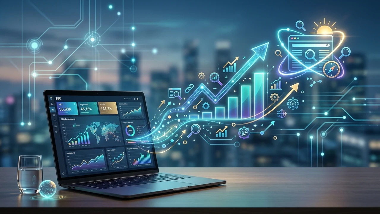 Profesional SEO menganalisis pertumbuhan, struktur website, dan elemen teknis pada layar digital