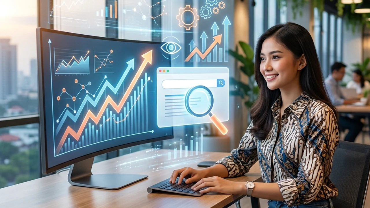 Analisis kualitas backlink dan authority website melalui dashboard SEO di ruang kerja modern