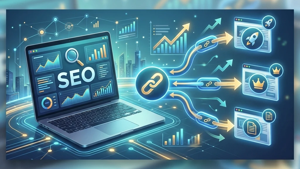Konsultan SEO meninjau dashboard audit website, grafik pertumbuhan, dan elemen optimasi pencarian