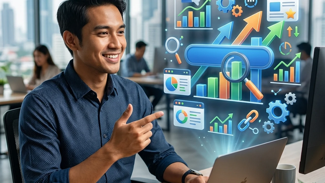 Spesialis SEO melakukan audit kualitas backlink dan sumber link pada monitor analitik