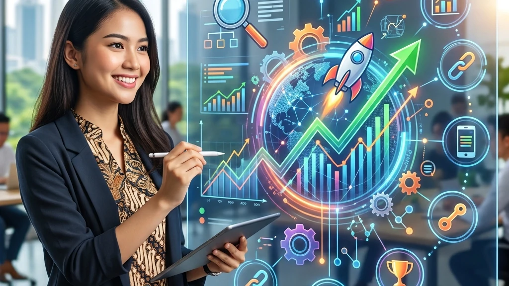 Spesialis SEO melakukan riset keyword dan menganalisis grafik pertumbuhan pencarian pada dashboard