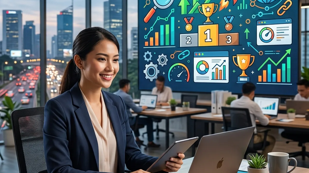 Profesional SEO menganalisis pertumbuhan keyword, trafik organik, dan performa website
