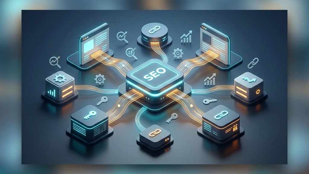 Struktur internal linking SEO divisualisasikan sebagai jaringan halaman website pada dashboard