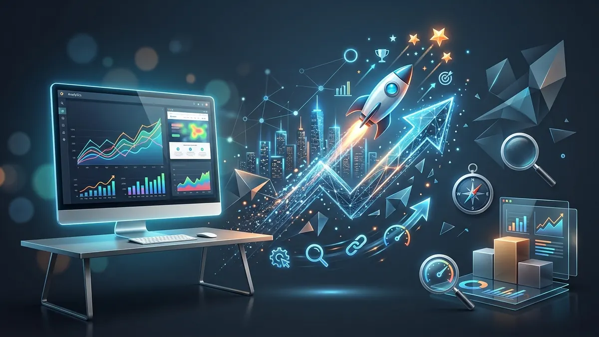 Monitor analytics di workspace modern sebagai ilustrasi perbandingan SEO on-page dan off-page